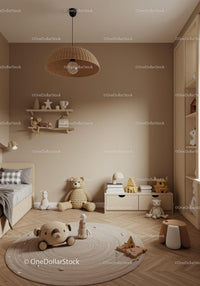 Cozy Nursery Room with Plush Toys and Natural Wood Decor