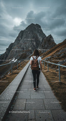 Mountain Hiking Trail with Woman Backpacker Exploring Scenic Mountain Landscape
