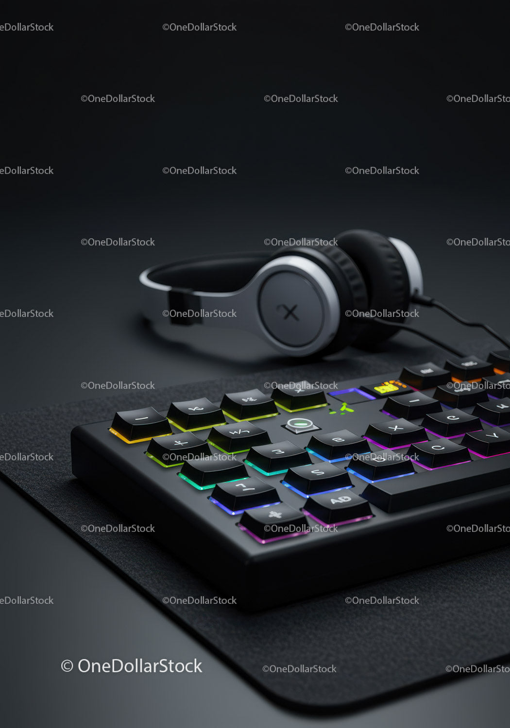 Podświetlana klawiatura gamingowa RGB z bezprzewodowym zestawem słuchawkowym na nowoczesnym biurku