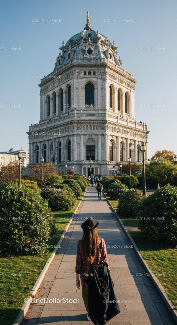 Historic City Landmark Tower with Visitors and Green Park Scene
