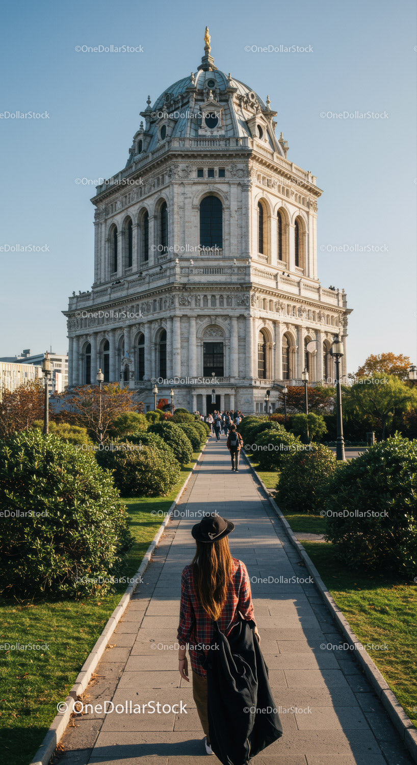 Historic City Landmark Tower with Visitors and Green Park Scene