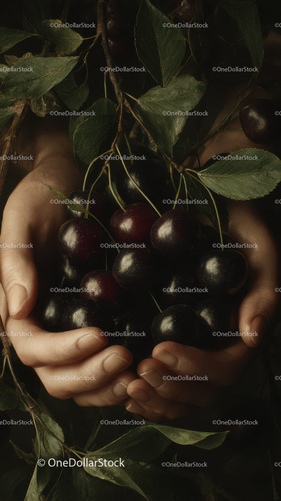 Hand Holding Dark Juicy Cherries with Green Leaves