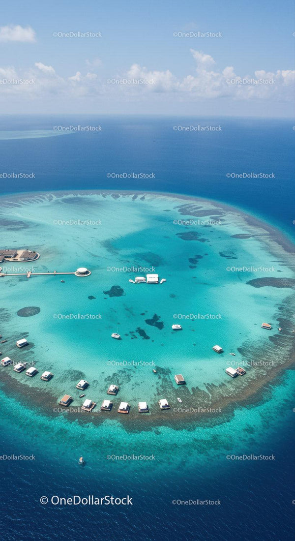 Aerial view of luxury overwater bungalows on tropical turquoise island