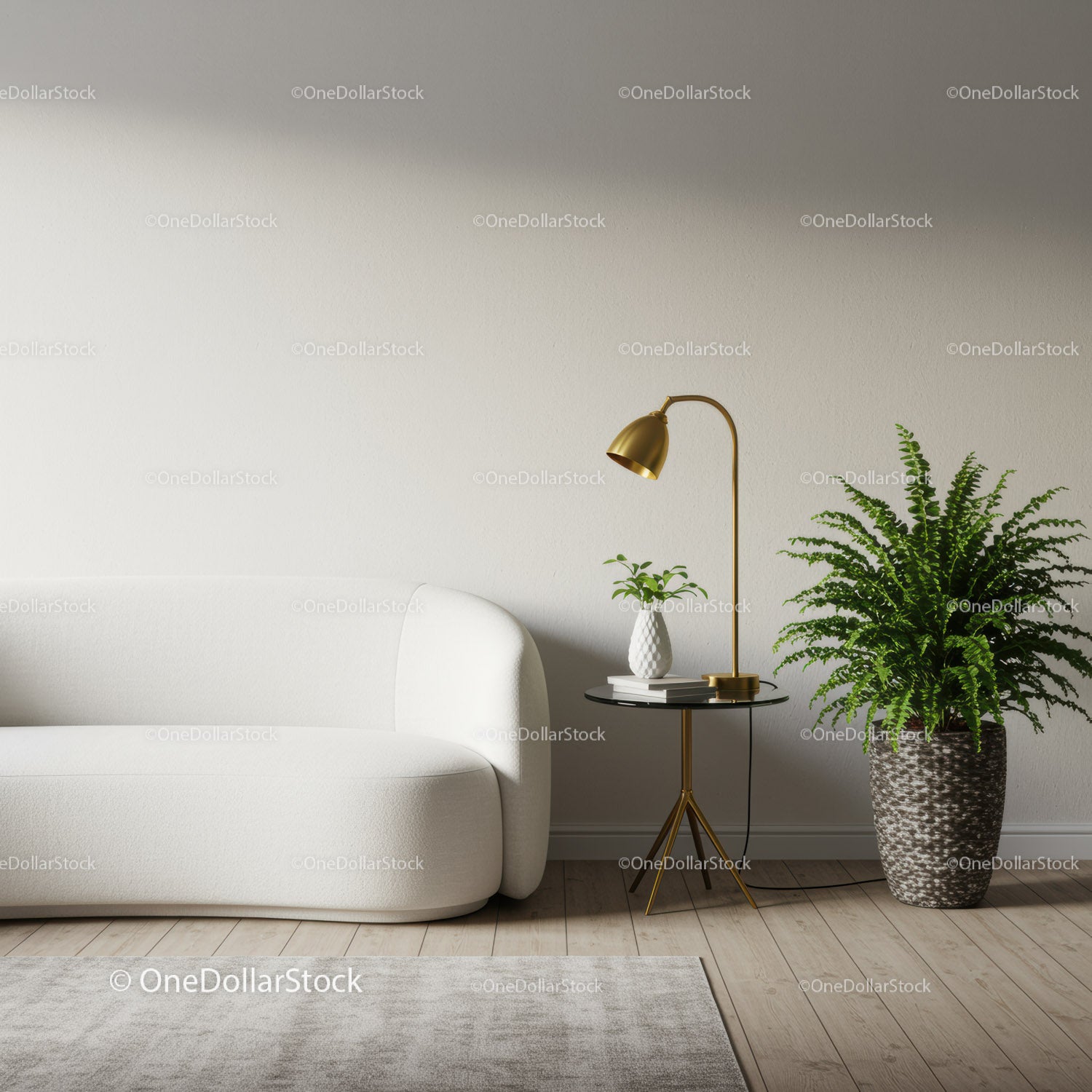 Minimalist Living Room with White Sofa and Green Plant
