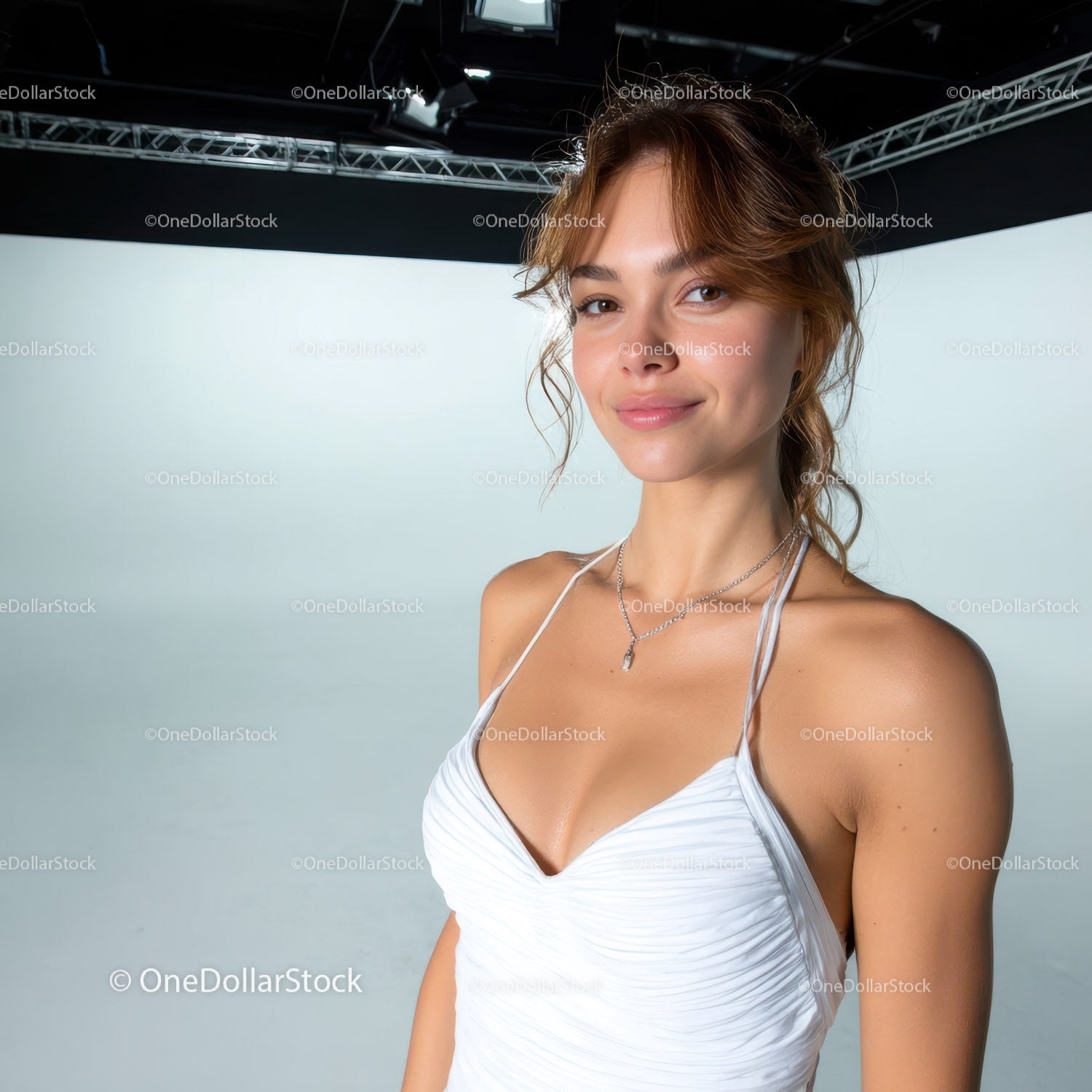 Portrait of a Stylish Woman in Elegant White Dress in Studio