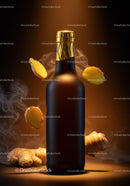 Dark glass bottle with golden cap and fresh ginger slices