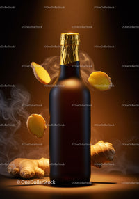 Dark glass bottle with golden cap and fresh ginger slices