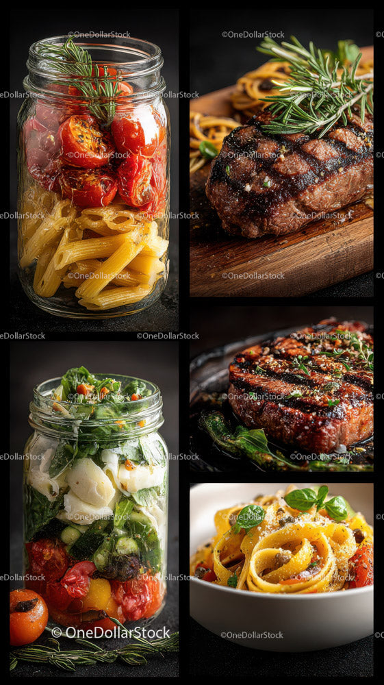 Assorted Gourmet Food with Pasta Vegetables and Grilled Steak