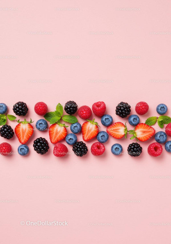 Fresh mixed berries with mint leaves on pink background