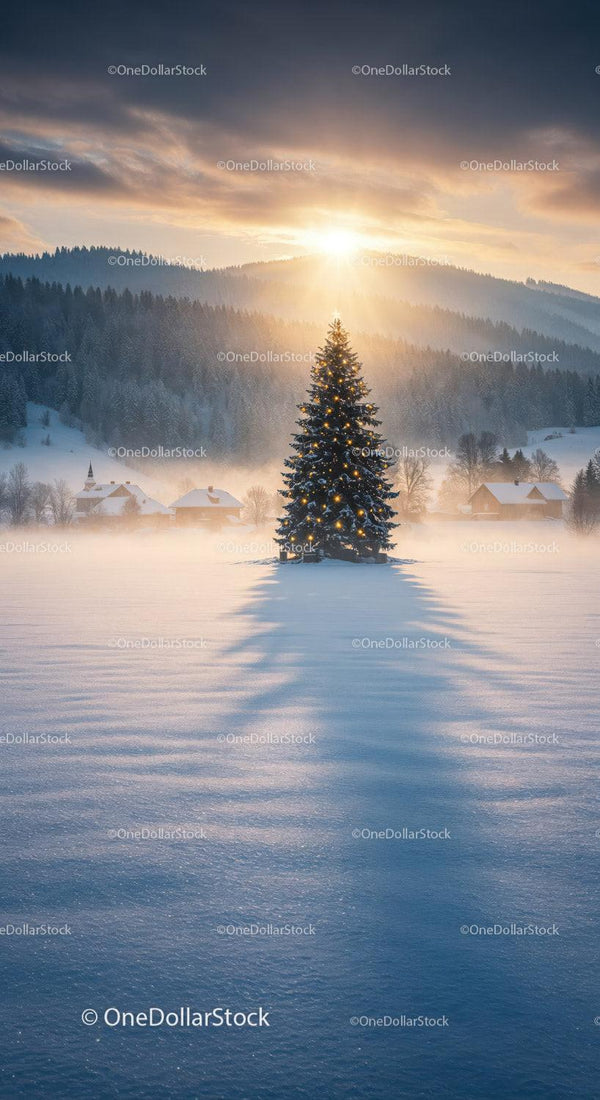 Illuminated Christmas Tree in Snowy Winter Landscape