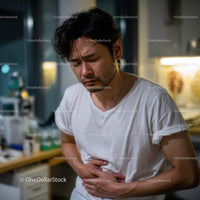 Man Experiencing Abdominal Pain in Casual Indoor Setting
