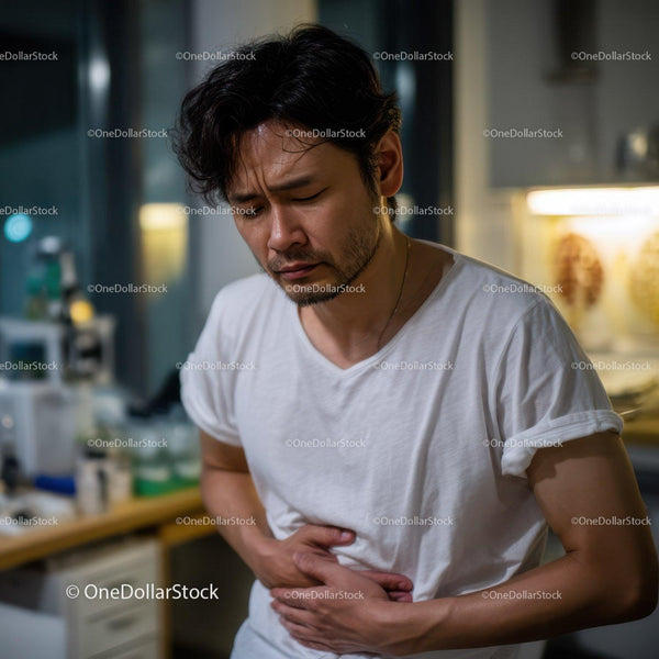 Man Experiencing Abdominal Pain in Casual Indoor Setting