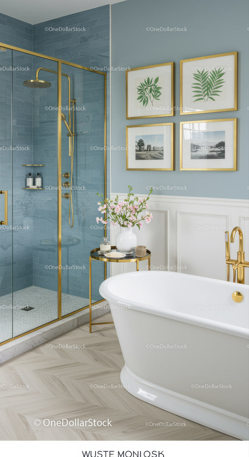 Elegant bathroom with gold accents and freestanding tub