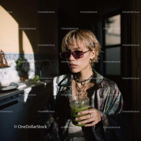 Stylish Woman with Sunglasses Holding Green Drink in Indoor Cafe
