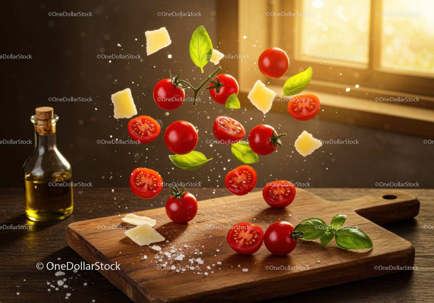 Fresh tomatoes basil and cheese floating over wood board