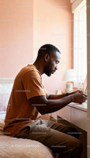 Thoughtful young man reading at a bright bedroom desk