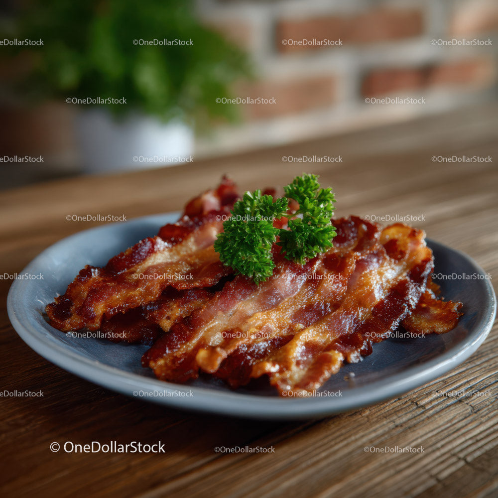 Crispy Bacon Strips with Parsley Garnish on Wooden Table