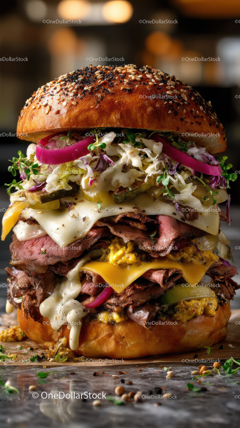 Stacked Gourmet Burger with Fresh Vegetables and Melted Cheese