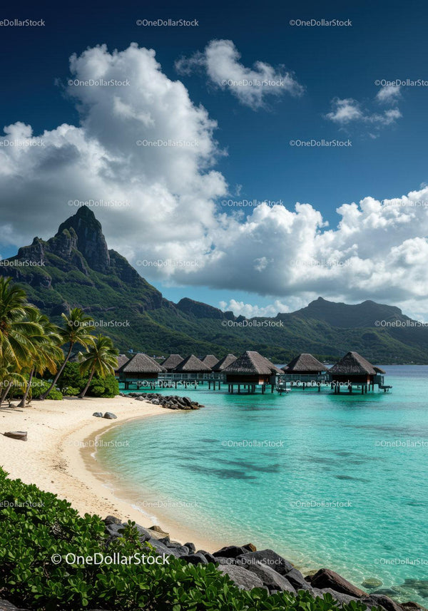 Tropical Island with Overwater Bungalows and Mountain Backdrop