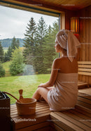 Woman Relaxing in Wooden Sauna with Scenic Forest View