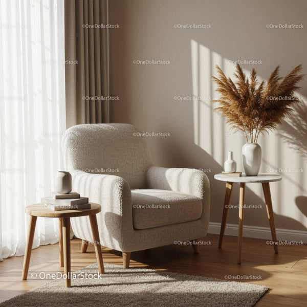 Cozy beige armchair near sunlit window with natural decor