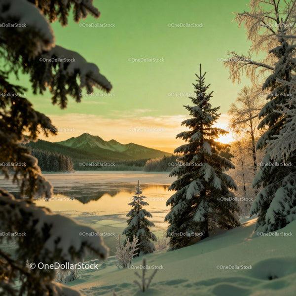 Snow-Covered Pines by Frozen Lake at Sunset
