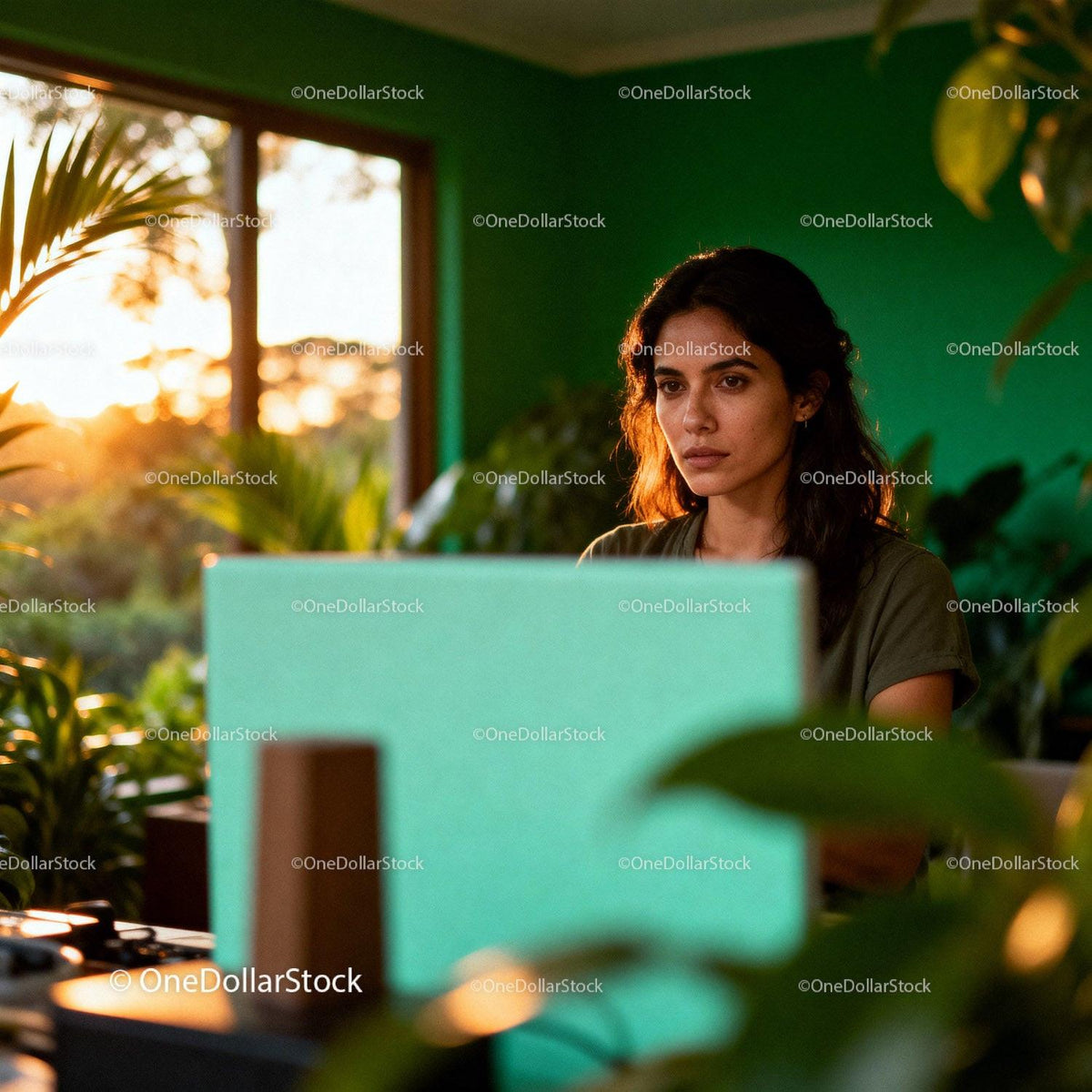 Young woman focused on laptop in cozy green room