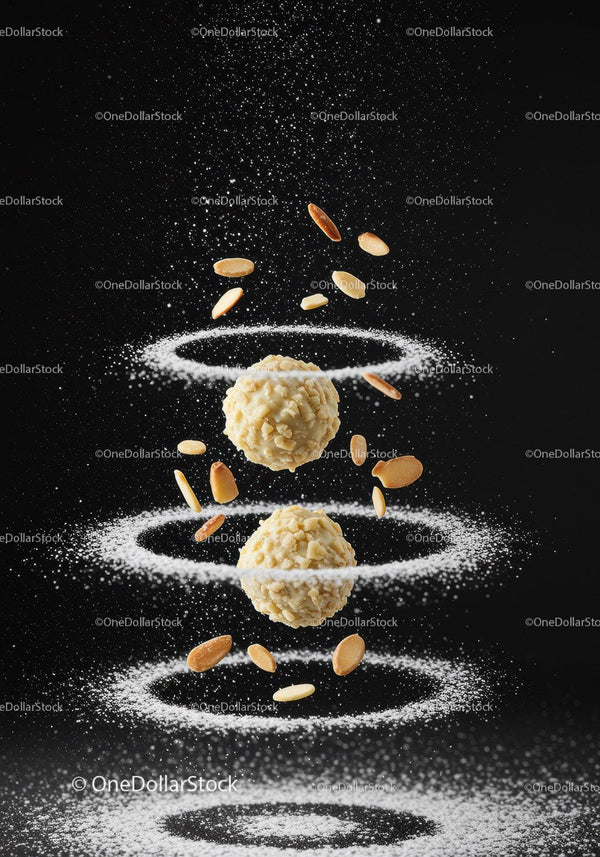 Floating almond truffles with powdered sugar rings