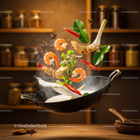 Fresh shrimp and herbs cooking in sizzling wok