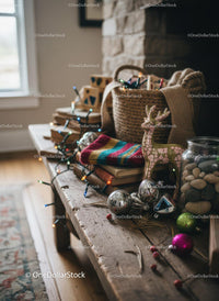 Cozy rustic decor with holiday ornaments and lights