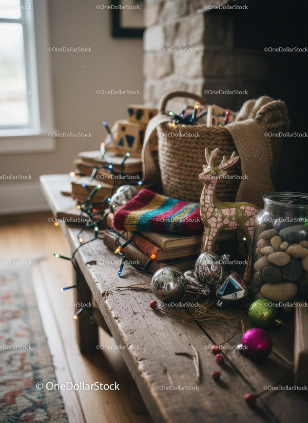 Cozy rustic decor with holiday ornaments and lights