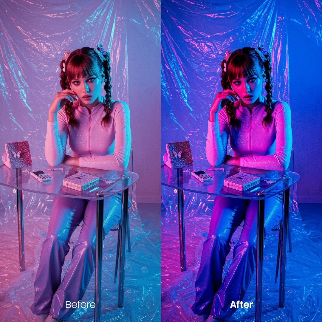 Before and after Neon Rain Cyberpunk Lightroom preset edit