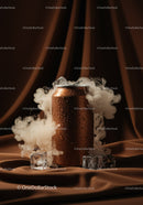 Cold Beverage Can with Ice and Mist on Brown Fabric