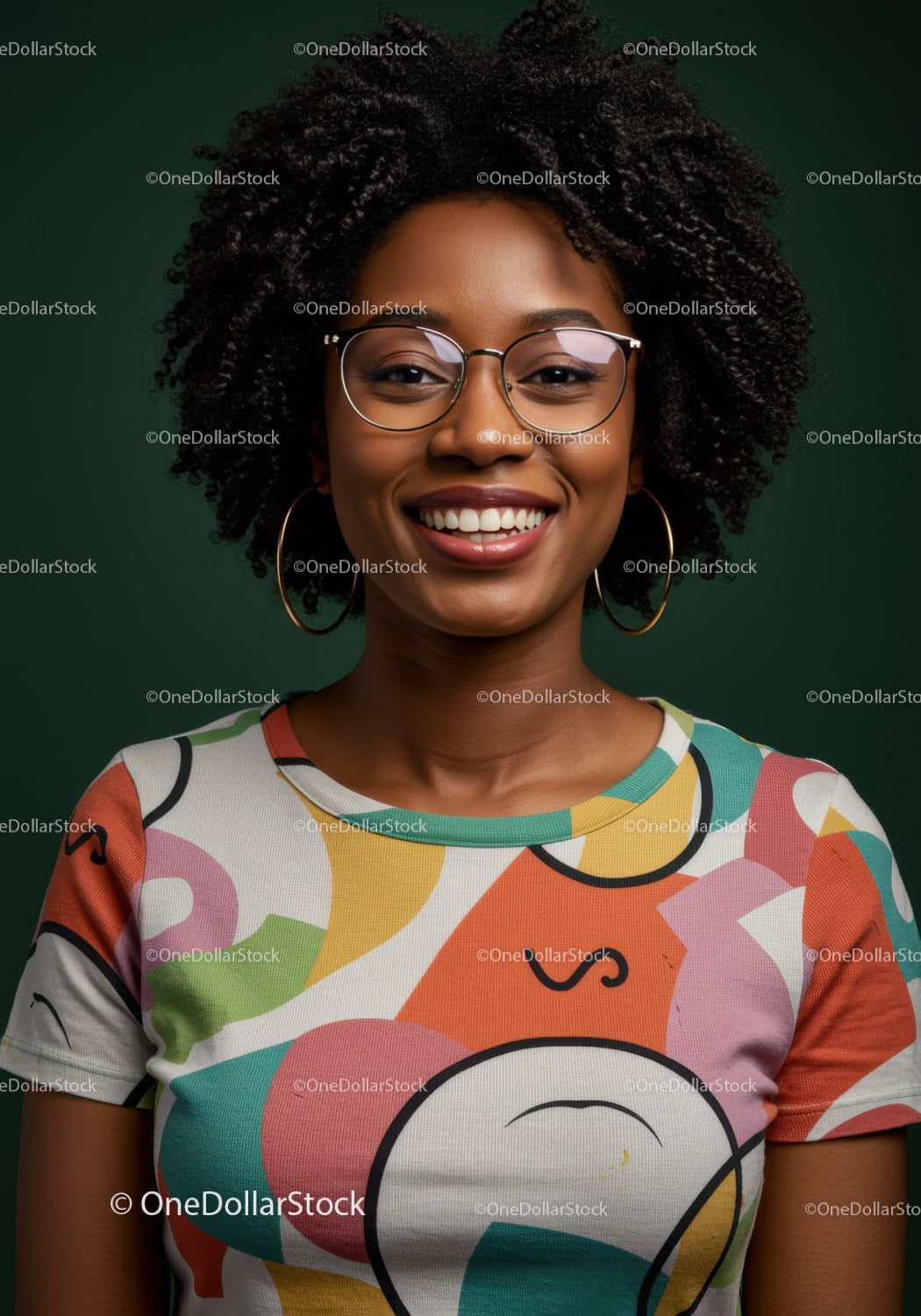 Portrait of a Smiling Black Woman with Curly Hair and Glasses in Bright T-Shirt