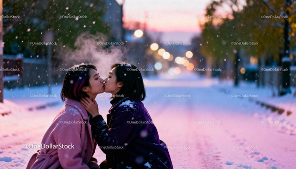 Couple Sharing Tender Kiss in Snowy Evening Light