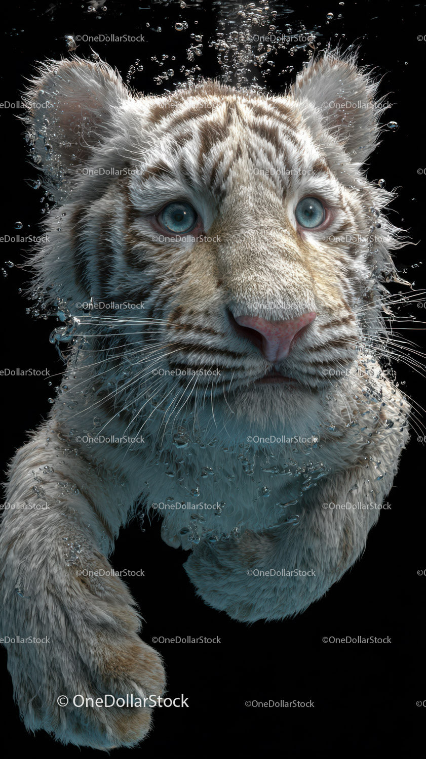 White tiger cub swimming underwater with piercing blue eyes
