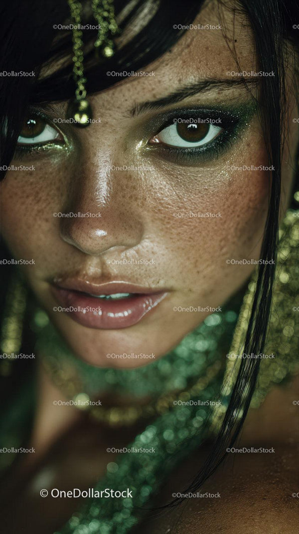 Close-Up Portrait of a Woman with Glitter Makeup and Brown Eyes