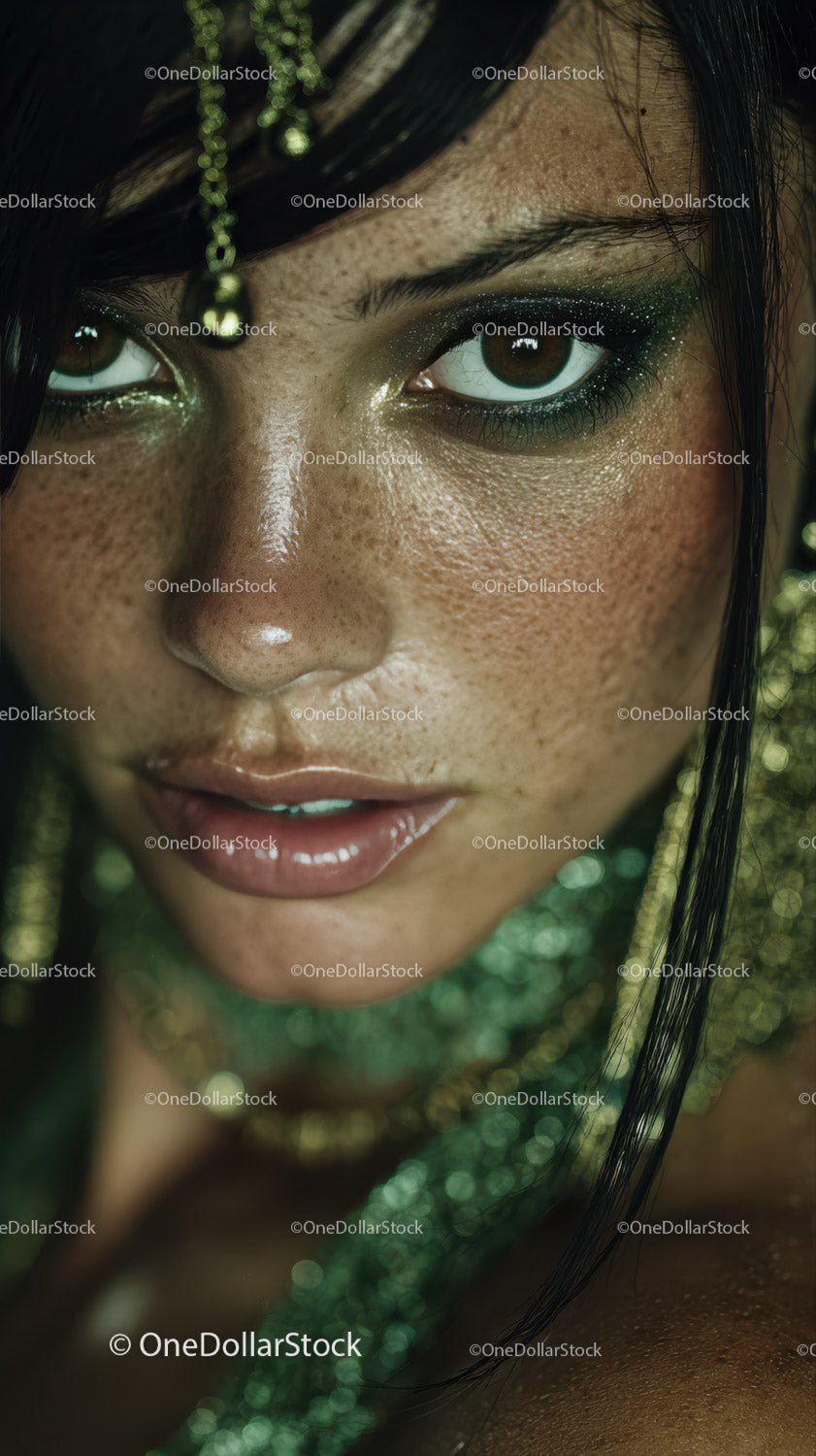 Close-Up Portrait of a Woman with Glitter Makeup and Brown Eyes
