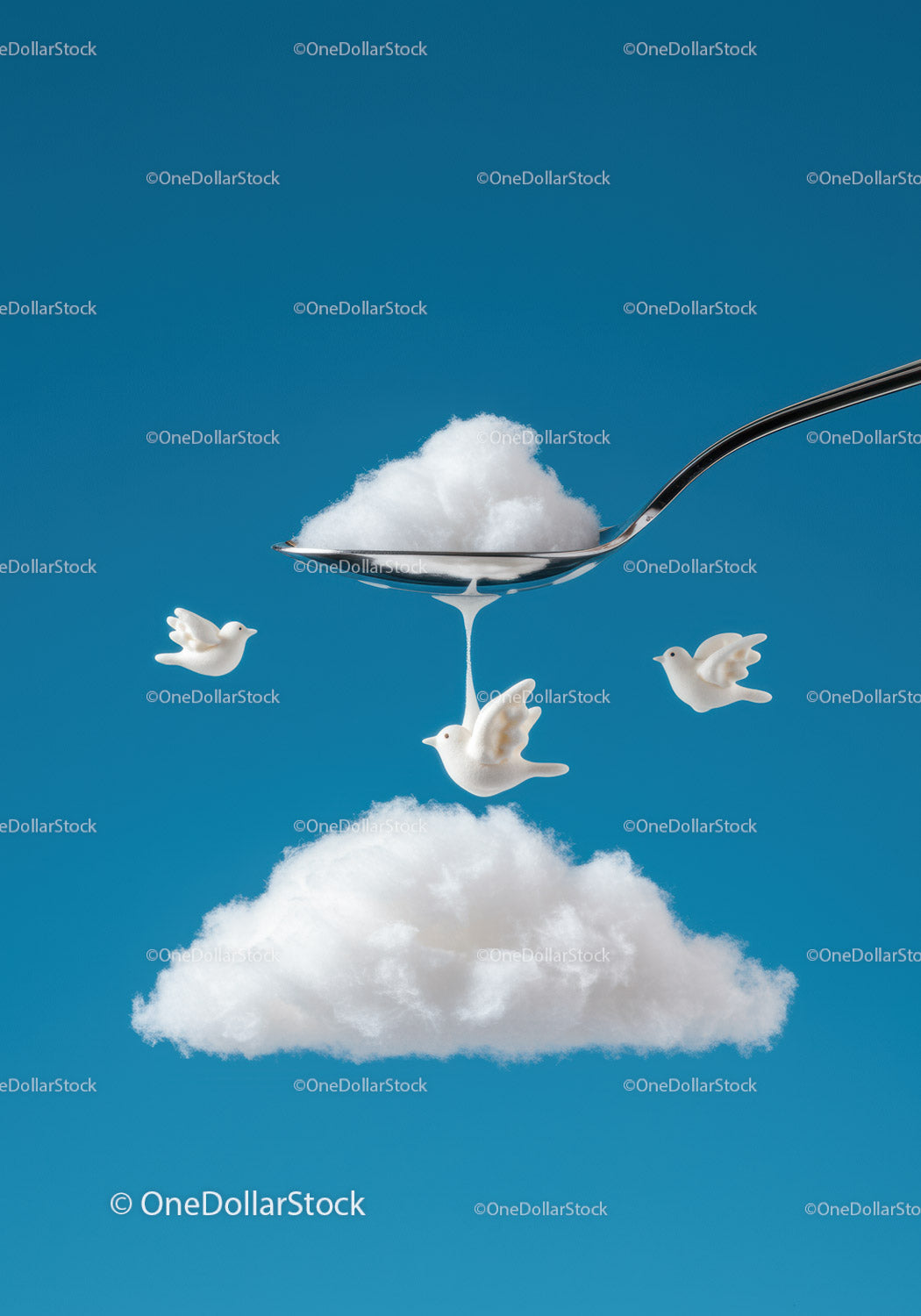 Silver Spoon Drizzling Cotton Clouds into Flying Doves