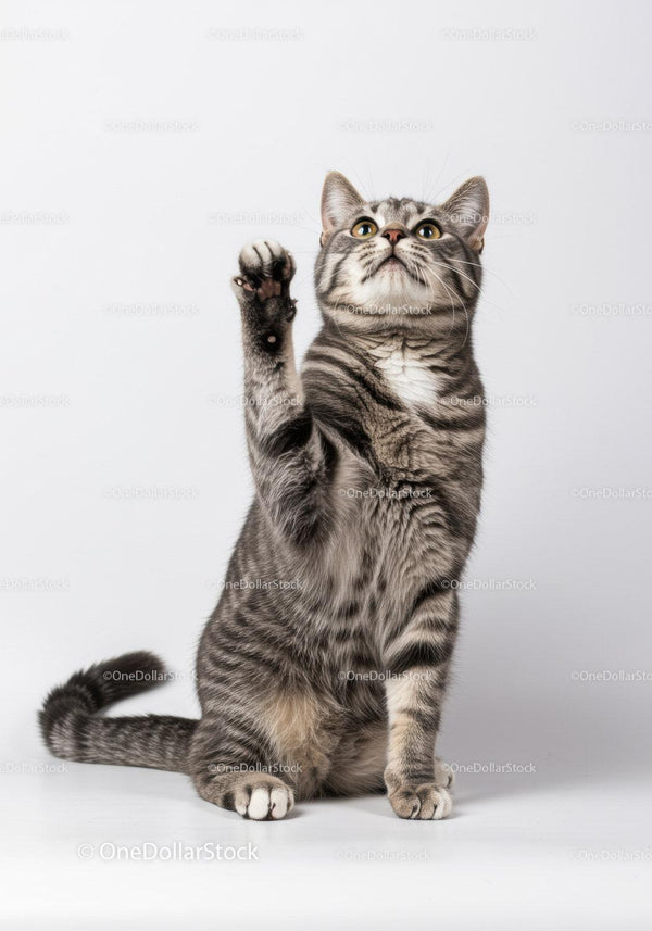 Playful tabby cat raising paw against white background