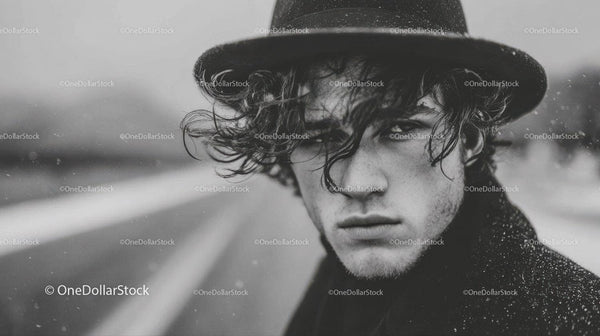 Stylish Young Man with Curly Hair Wearing Black Hat in Urban Scene