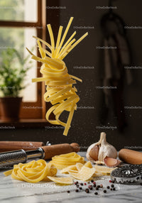 Fresh homemade pasta with garlic and pepper on kitchen table