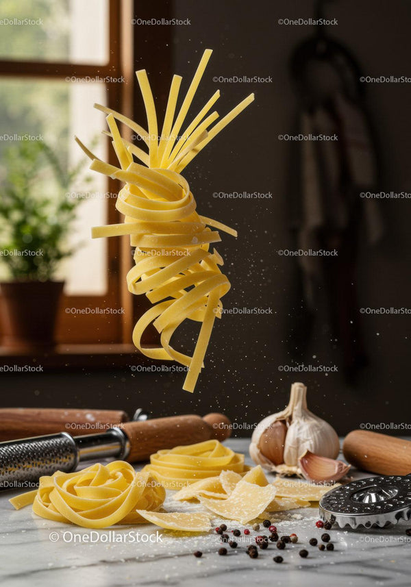 Fresh homemade pasta with garlic and pepper on kitchen table