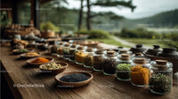 Assortment of Spices and Herbs in Glass Jars on Wooden Table