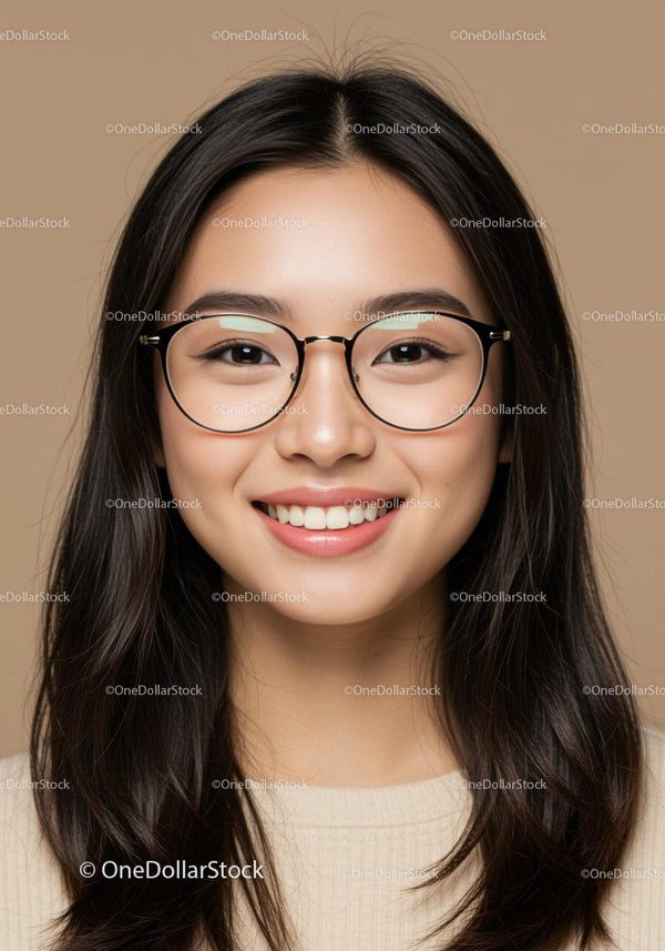 Young Woman Wearing Glasses with Bright Smile and Warm Background