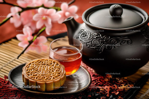 Traditional Black Teapot with Mooncake and Jasmine Flowers for Tea Time