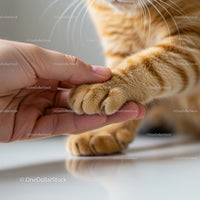 Human hand gently holding orange cat paw close up