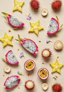 Assorted tropical fruits with vibrant colors on beige
