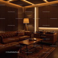 Cozy living room with leather sofa and vintage turntables