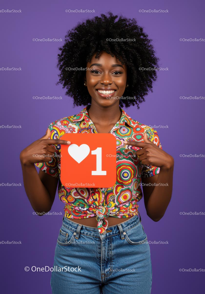 Joyful Woman Holding Sign in Colorful Outfit on Purple Background